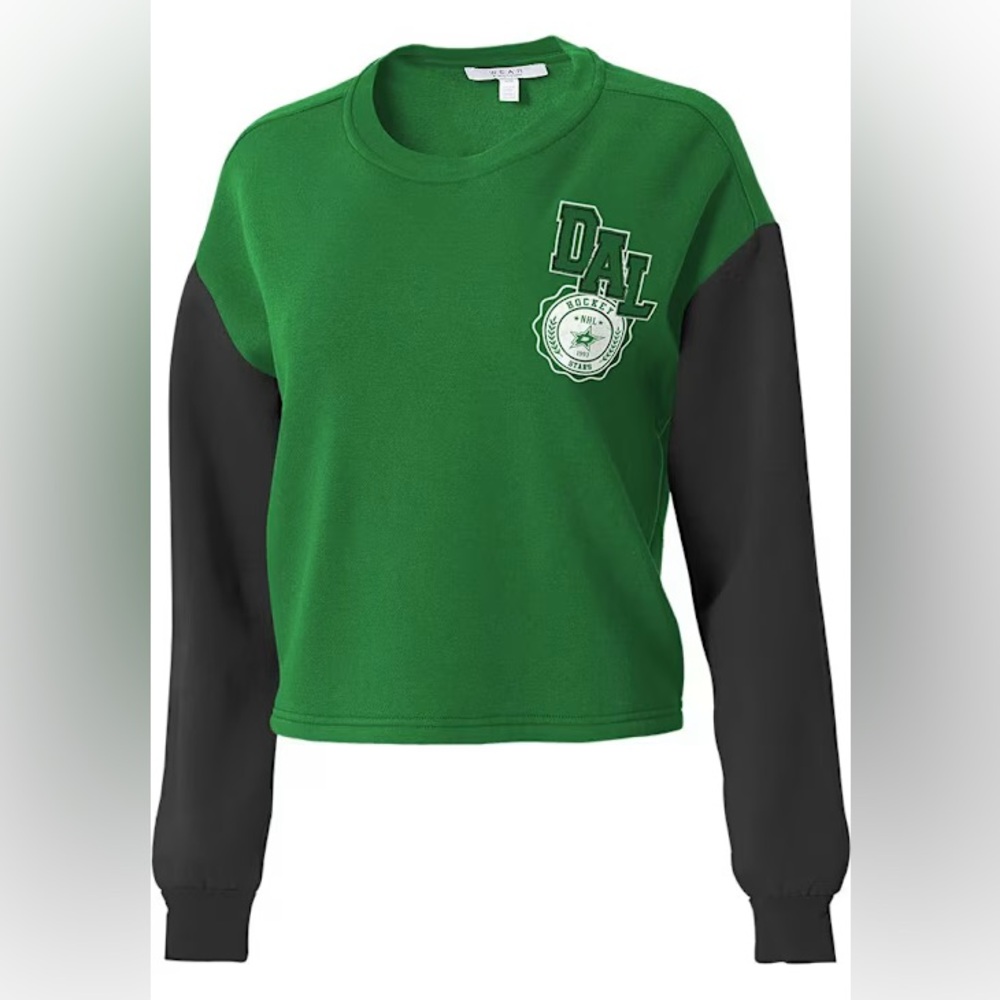 WEAR BY ERIN ANDREWS DALLAS STARS WOMENS GREEN COLORBLOCK CREW SWEATSHIRT - Picture 1 of 6